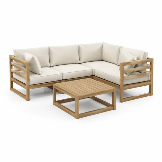 Eck-Gartensofa aus Akazienholz mit Polyesterbezügen und Tisch