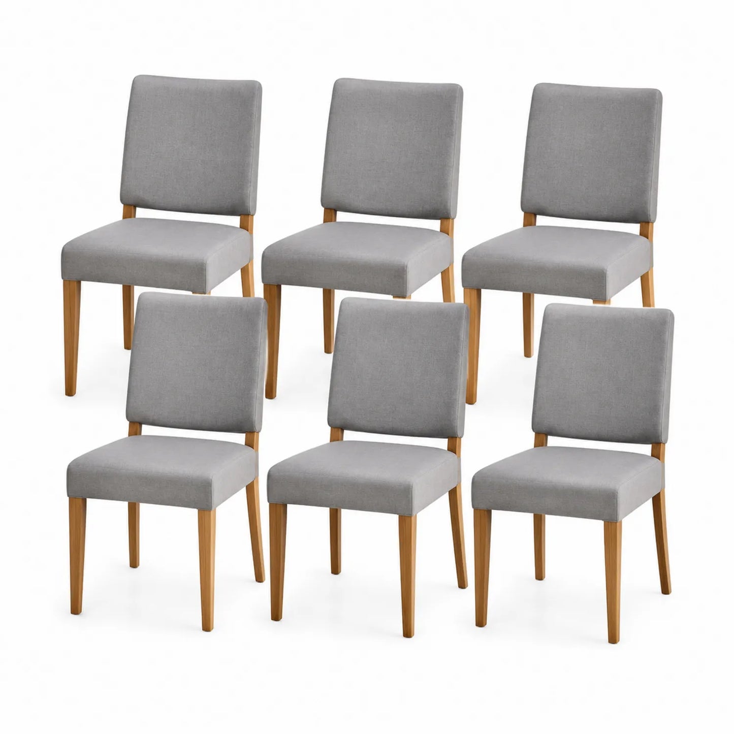 Set aus 6 Esszimmerstühlen mit grauem Polyesterbezug und Holzbeinen